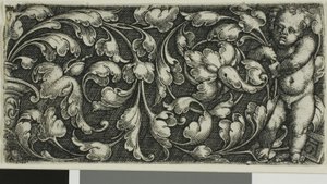 Um rolo duplo de ornamento de folhas com um putto de pé à direita de Heinrich Aldegrever