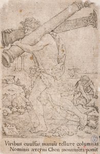 Hércules carregando as colunas de Gades, da série:  Os Trabalhos de Hércules (12) de Heinrich Aldegrever