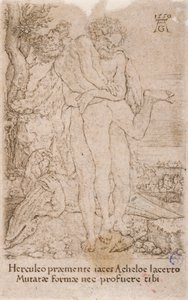 Hércules a lutar contra o deus-rio Aqueloso, da série:  Os Trabalhos de Hércules (7) de Heinrich Aldegrever
