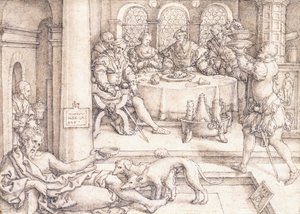 Lazarus implorando por migalhas da mesa de mergulho, 1552 de Heinrich Aldegrever