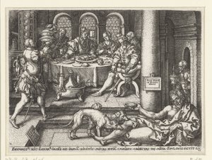 Lázaro a implorar à porta do homem rico
Parábola de Lázaro e o homem rico (título da série) de Heinrich Aldegrever