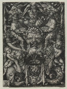 Design de ornamento com uma máscara, um par de tritões e dois filhos abaixo, 1549. de Heinrich Aldegrever