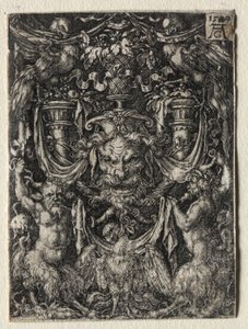 Projeto do ornamento com uma máscara e uma águia entre dois Faun abaixo, 1509. de Heinrich Aldegrever
