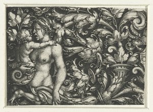 Ornamento com pergaminhos foliados e um tritão feminino com criança de Heinrich Aldegrever