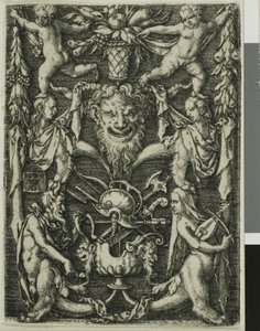 Projeto ornamental com um casal de sátiros, crianças e um troféu de Heinrich Aldegrever