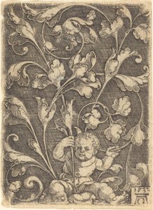 Ornamento de rolagem com criança sentada de Heinrich Aldegrever