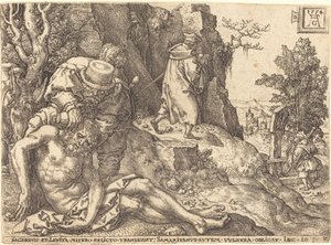 O Bom Samaritano Ministrando ao Viajante, 1554. de Heinrich Aldegrever