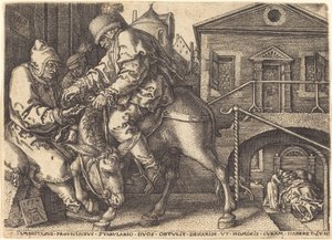 O Bom Samaritano Pagando a Hospedagem do Viajante de Heinrich Aldegrever