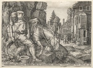 A Parábola do Bom Samaritano: O Bom Samaritano Colocando o Viajante no Burro, 1554. de Heinrich Aldegrever