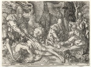 A parábola do bom samaritano: os ladrões que atacam os viajantes, 1554. de Heinrich Aldegrever