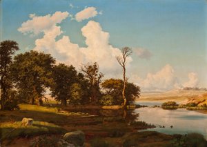 Dinamarquês: Paisagem dinamarquesa, carvalhos junto a um lago. Paisagem dinamarquesa, carvalhos junto a um lago. de Heinrich Buntzen