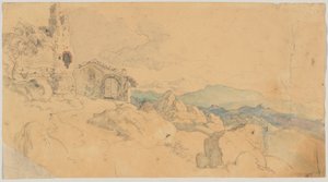 Paisagem montanhosa com cabana e ruínas de Heinrich Burkel