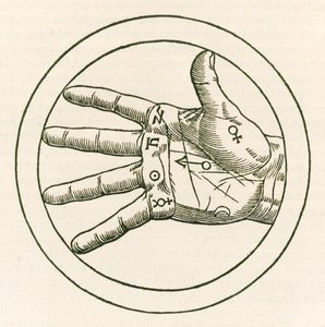 A mão da quiromancia gravura de Heinrich Cornelius Agripa de Nettesheim (1486-1535) De occulta philosophia libri tres (Três Livros de Filosofia Oculta) publicado em 1533. de Heinrich Cornelius Agrippa von Nettesheim