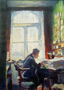 O poeta César Flaischlen na mesa, 1912. de Heinrich Eduard Linde Walther