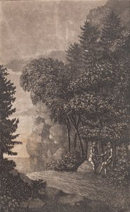 Paisagem com rochas e grandes árvores, t.h. dois homens de Heinrich Grosch