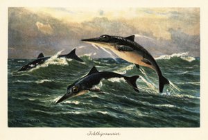 Ictiossauros extintos saltando acima do oceano. de Heinrich Harder