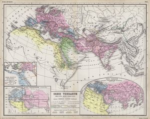 Mapas mostrando a extensão dos reinos do mundo conhecido nos tempos antigos (gravura colorida) de Heinrich Kiepert