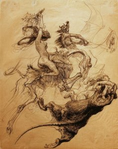 Mulher nua cavalgando no esqueleto e diabo no pterodátilo