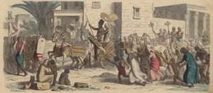 Um faraó egípcio antigo que partiu para a guerra (gravura colorida) de Heinrich Leutemann