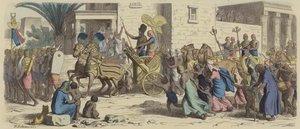 Um faraó egípcio antigo que partiu para a guerra (gravura colorida) de Heinrich Leutemann
