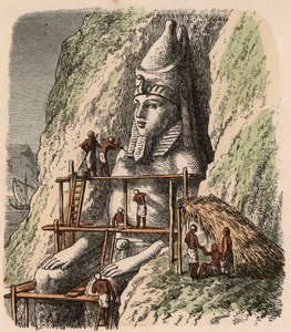 Egito Antigo: Escultura de uma estátua do Templo de Abu Simbel, 1866 de Heinrich Leutemann