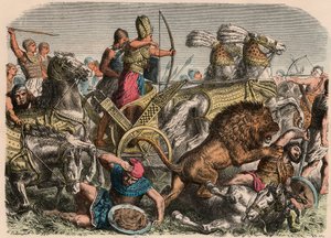 Egito Antigo: Faraó Ramsés II lutando contra os leões de guerra do exército hitita em Qadesh, 1274 aC, 1866