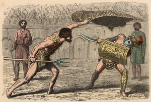 Roma Antiga: Gladiador luta em anfiteatro de Heinrich Leutemann