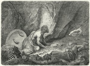 Aristómenes fugindo do poço para onde tinha sido atirado pelos espartanos (gravura) de Heinrich Leutemann