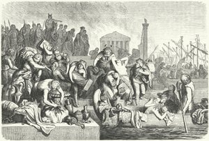 Partida de uma frota de Vandalismo carregada de saque de uma cidade saqueada (gravura) de Heinrich Leutemann