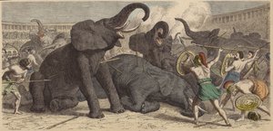 Matança de elefantes capturados em uma arena romana de Heinrich Leutemann