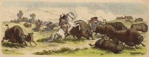Nativos americanos na caça ao búfalo a cavalo (gravação colorida) de Heinrich Leutemann
