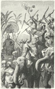 Porus, rei dos Pauravas, revendo seus elefantes de guerra (gravura) de Heinrich Leutemann
