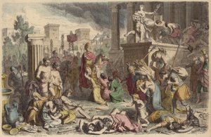 Soldados romanos saqueando uma cidade conquistada (gravura colorida) de Heinrich Leutemann
