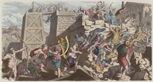 Soldados romanos invadindo uma cidade (gravura colorida) de Heinrich Leutemann