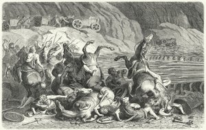 Os romanos se posicionam em formação de falange contra a cavalaria trácia (gravura) de Heinrich Leutemann