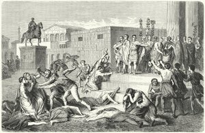 O Triunvirato de Marco Antônio, Marcus Aemilius Lepidus e Otaviano proclamando proscrições contra seus inimigos políticos, 43 aC de Heinrich Leutemann