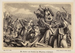 Mulheres dos Cimbri e dos Teutones defendendo o seu comboio de bagagens contra os Romanos (gravura) de Heinrich Leutemann