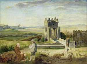 Paisagem Campagna perto da Ponte Nomentano (óleo sobre papel colocado no cartão) de Heinrich Maria von Hess