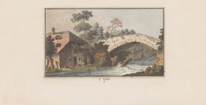 Casa ao lado de uma ponte sobre um rio em Orbe à Orbe (título no objeto) Paisagens na Suíça (título da série) Sammlung einiger Aussichten in der Schweiz (título da série)