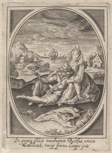 Um casal sentado no chão, o homem segurando um cálice e reclinado contra o ..., ca. 1585-1621.