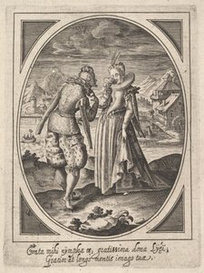 Um homem caminha em direção a uma mulher que segura um cálice na boca, um moinho de água e um monte ..., ca. 1585-1621.