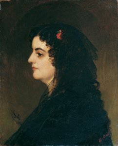 Senhora de perfil com véu e cravo