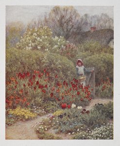 Uma mulher abrindo um portão para um jardim, ilustração de 