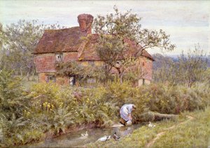 Uma velha cabana Surrey Cottage (aguarela aumentada com branco) de Helen Allingham