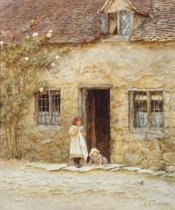 Na porta da casa de campo (aguarela com arranhões) de Helen Allingham