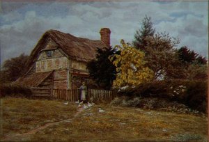 Laburnum Cottage: uma mulher a alimentar os patos (aguarela) de Helen Allingham