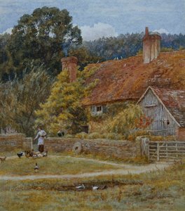 Netley Farm, Shere, Surrey (aquarela com riscos) de Helen Allingham