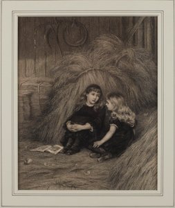 Duas garotas em um celeiro (tinta sobre papel) de Helen Allingham
