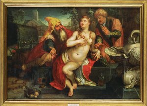 Susana e os anciãos ... (pintura sobre madeira) de Hendrick (attr. to) Goltzius