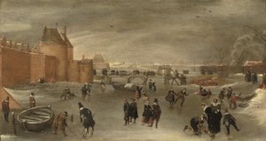 Patinadores, jogadores de kolf e trenós em um rio congelado perto do portão da cidade de St. Janspoort, com o Kruispoort ao fundo e o moinho rosa além, Haarlem (óleo no painel) de Hendrick Avercamp (studio of)